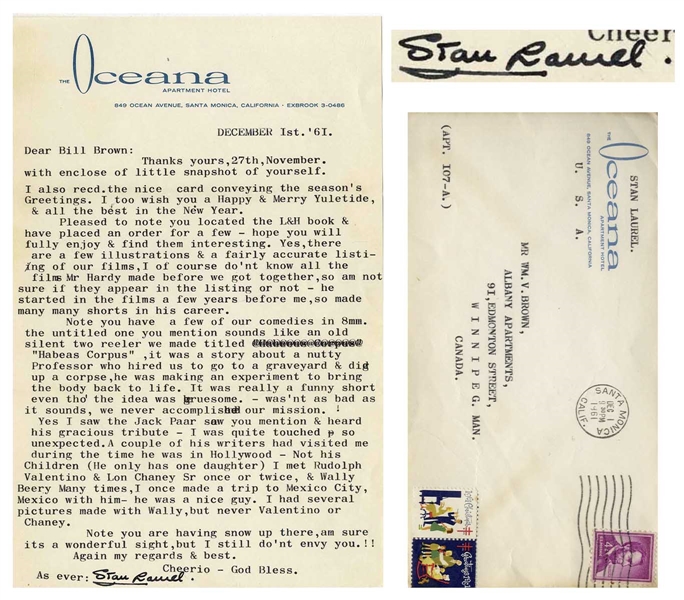 Stan Laurel Letter Signed -- ''...an old silent two reeler we made titled 'Habeas Corpus', it was a story about a nutty Professor who hired us to go to a graveyard & dig up a corpse...''